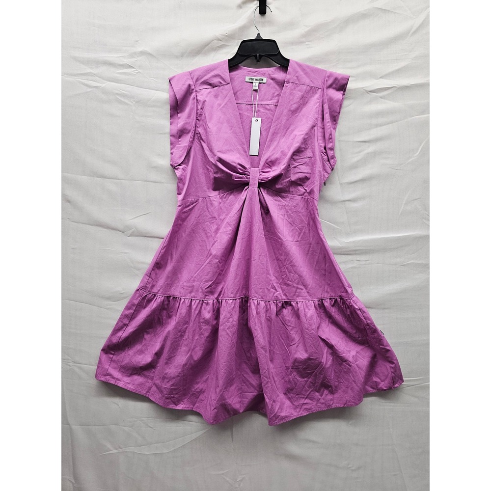 Steve Madden Womens Orchid Purple Cotton V-Neck Knot Tiered Mini Dress L